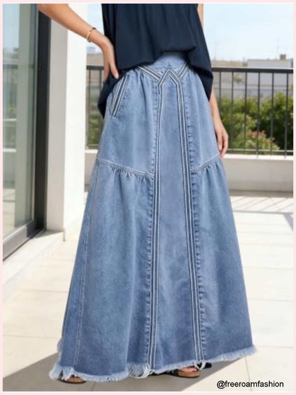 Women's High Waist A-Line Frayed Maxi Denim Skirt with Pockets - Picture 2 of 6
